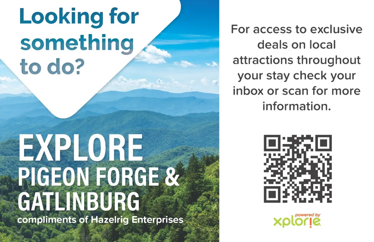 A vibrant mountain landscape background with prominent text promoting local attractions and a QR code for additional information. The scene suggests adventure and the excitement of exploring Pigeon Forge, with subtle hints of hiking and scenic drives.
